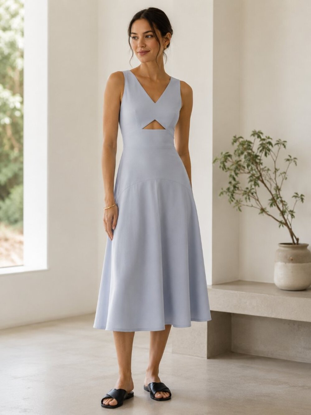 Theory Cutout Blue Sleeveless Light Blue V‑Neck Midi Dress in Crisp Poly 2